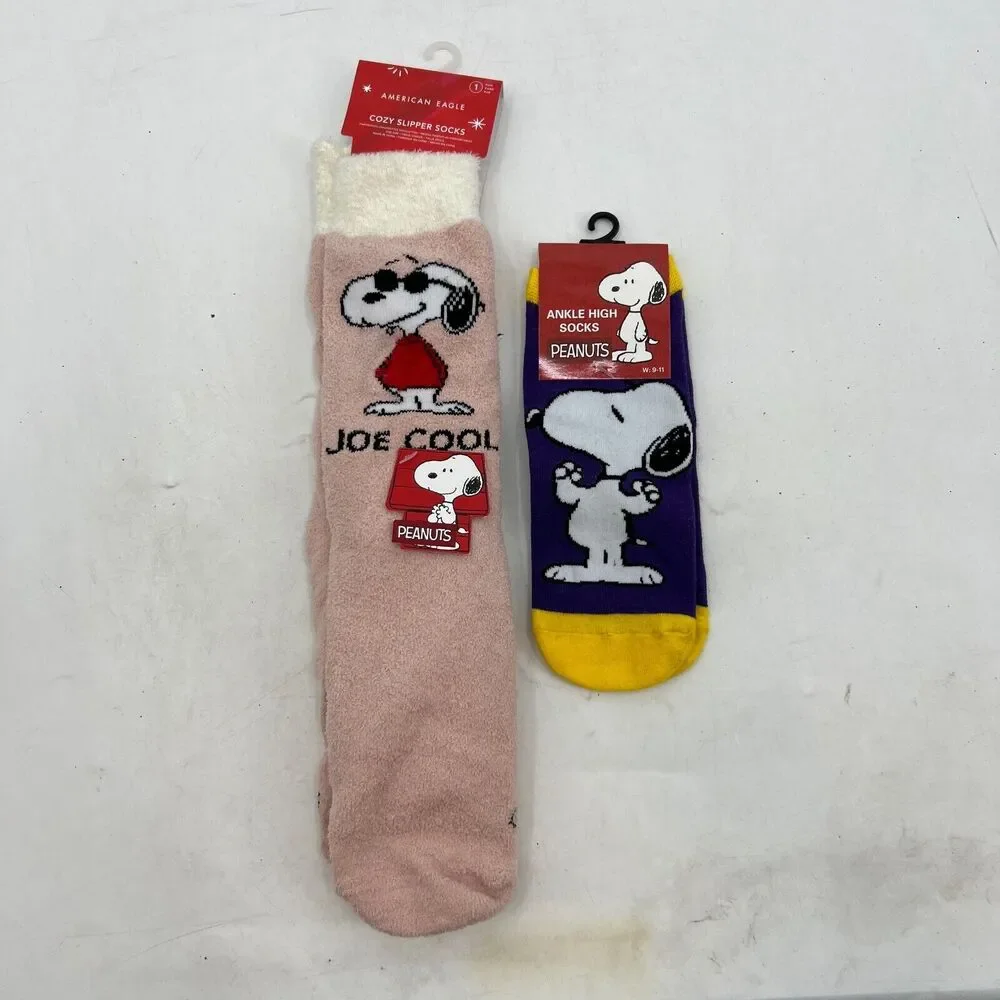American Eagle Socks Women Ankle High Cozy Slipper Snoopy Joe Cool Peanuts Lot 2